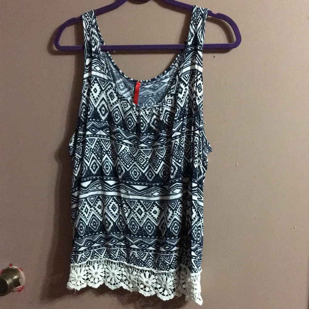Blue and cream tribal print with lace bottom tank